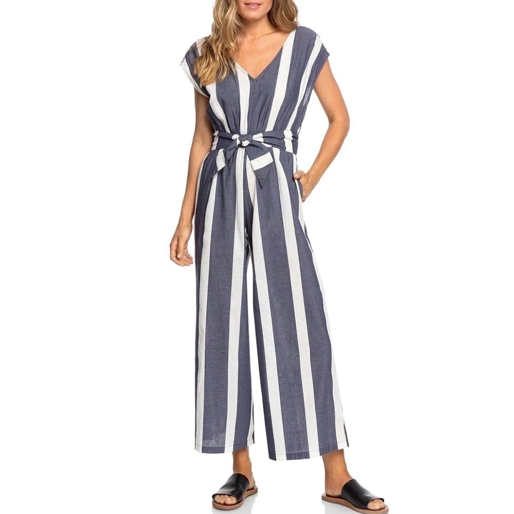 🌻ROXY "Same Old" Blues Striped Wide Leg Jumpsuit With Belt || Size Small